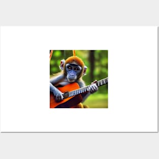 Cute Sweet Monkey Playing Guitar Posters and Art